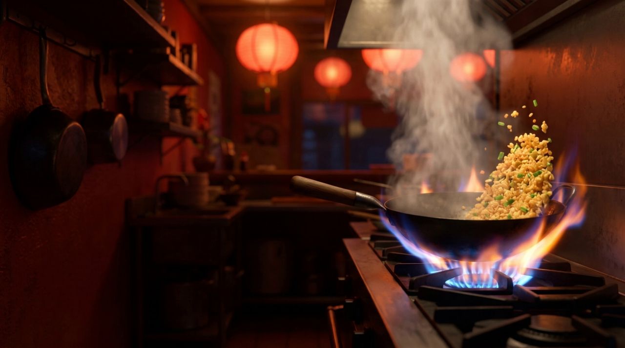Un wok con chaufa al fuego alto en una cocina de chifa, con faroles rojos al fondo y una columna de vapor
